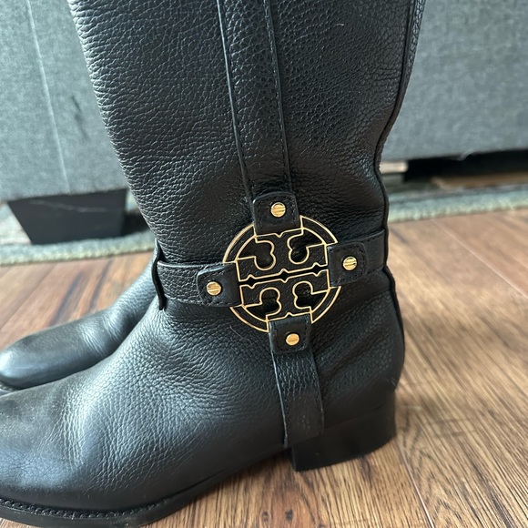 Tory Burch Amanda Riding Boots Tall Double T Medallion Logo Leather - Picture 3 of 6